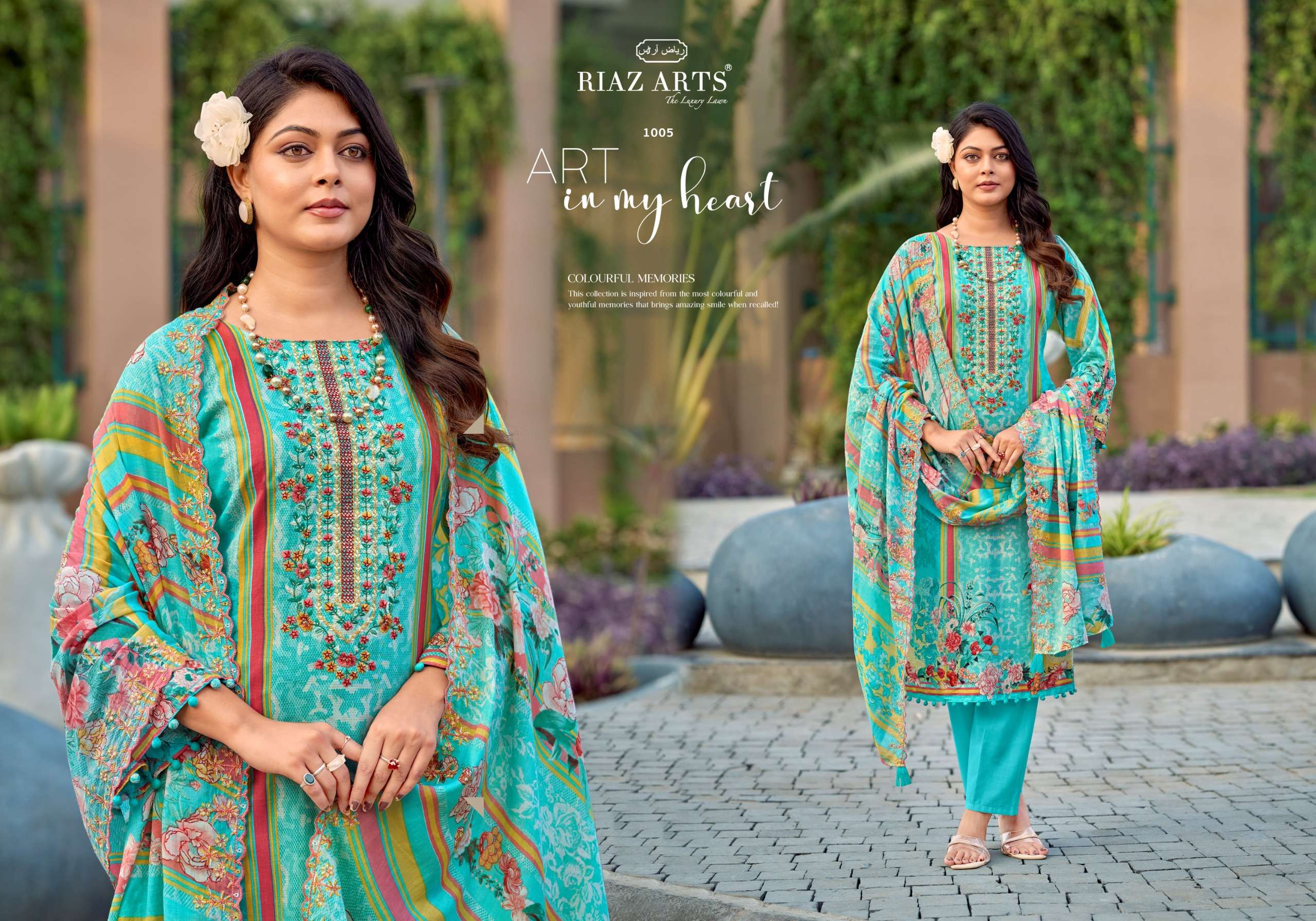 RIAZ ARTS HUMDUM TOP & DUP WORK LAWN COTTON DESIGNER PAKISTANI STYLE SUIT TEXTILE MARKET 